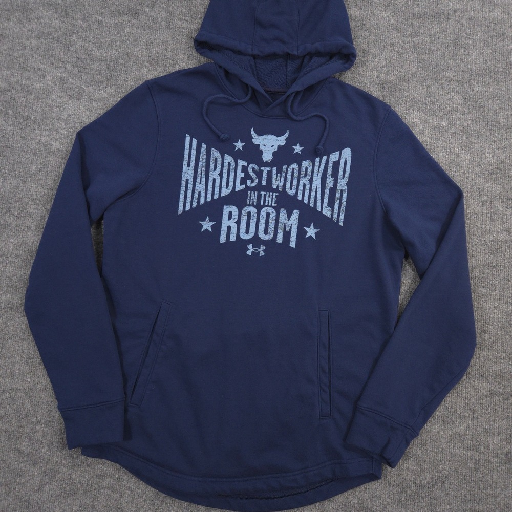 Under Armour Project Rock Terry Hoodie Mens M Blue Hardest Worker In The Room